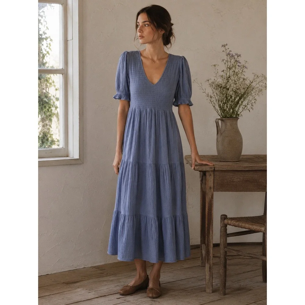 Christie Dawn Brooklyn Blue Gauze Organic Cotton Midi Dress M Cottage Tiered